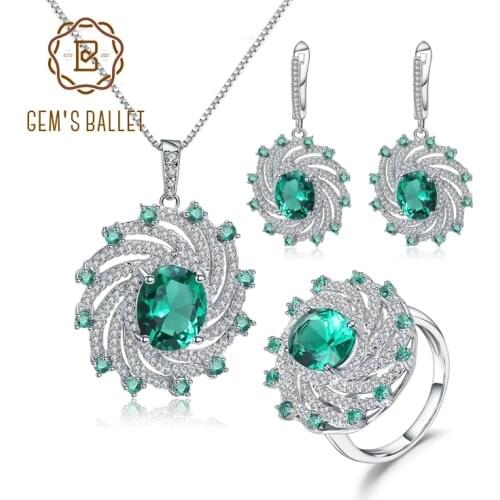 GEMS BALLET Luxury Nano Emerald-Green Vintage Jewelry Set 925 Sterling Silver Ring Earrings Pendant Sets For Women Fine Jewelry
