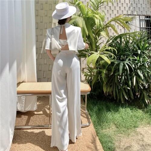 2021 Korean Fashion Open Back Blazer Wide Leg Pants Two-piece Set Suit Temperament Ol Business Suit Summer Costumes For Women