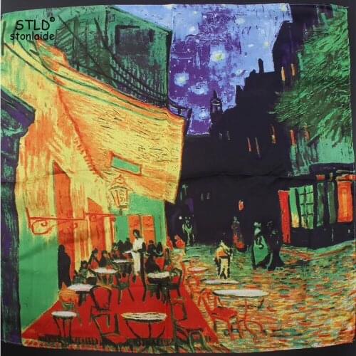 Fashion Women Square Silk Scarf Van Gogh Oil Painting Printed Head Neck Tie Band Professional Neckerchief Elegant Foulard Scarve