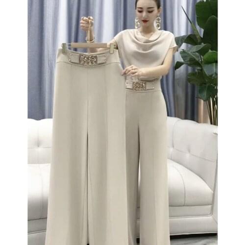 2021 Summer Women Office Ladies Clothing Suit Solid Short Sleeve Pile Collar Crop Top+High Waist Straight Wide Leg Pants