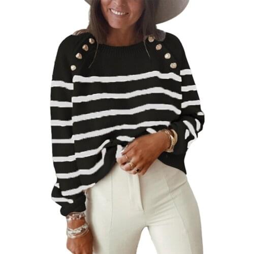 Striped Sweater Pullover Women Shoulder Button Sweater Female Long Sleeve Casual Knitted Loose Autumn Winter Oversized Jumper