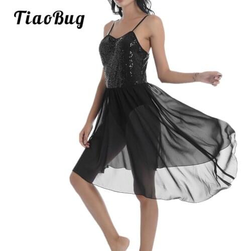 Women Sleeveless Asymmetrical Lyrical Dance Costumes Shiny Sequins Adult Ballet Tutu Gymnastics Leotard Dance Dress