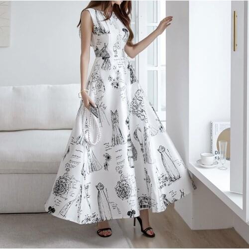 Vintage Printed Office Lady Party Dress Women High Waist A-Line Long Dress A-Line Beach Elegant Sleeveless Summer Dress C262