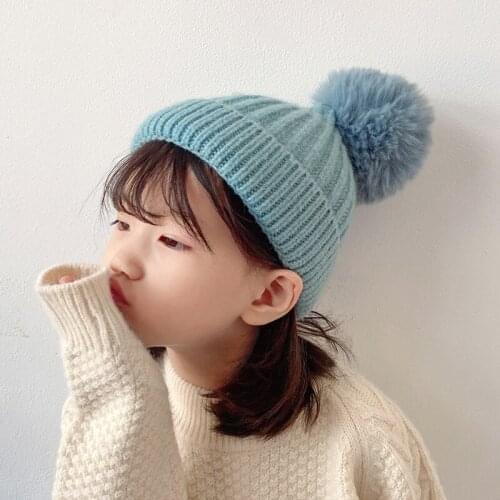 Winter boys and girls warm woolen yarn knitted solid color caps children cute ball top hats