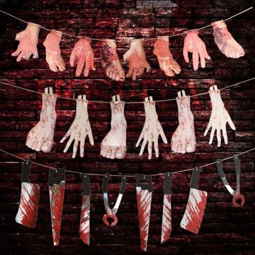 1Set Horror Creepy Hanging Hand Scary Limbs Arms Bloody Paper Garland Banner DIY Halloween Decoration Prop Party Supplies Favors