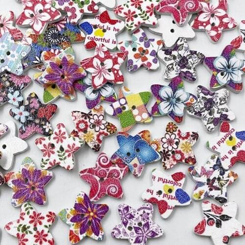 20/ 50/100Pcs White Star Print Flowers Wood Buttons Clothing Sewing Tool 17mm WB735