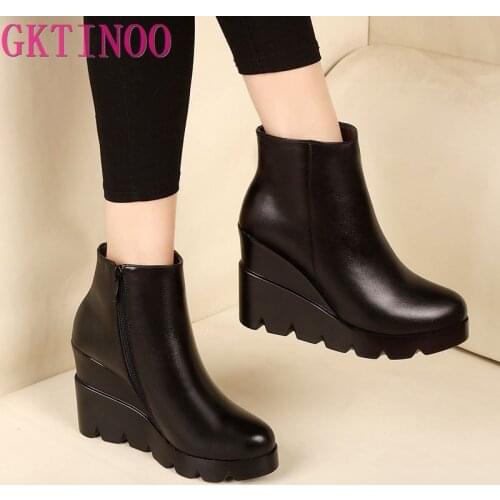 2021 autumn winter soft leather platform high heels girl wedges ankle boots shoes for woman fashion boots women Size 34-40
