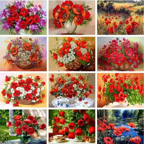 5d Diamond Painting Poppy Flower Cross Stitch Needlework Do It Yourself Diy Mosaic Embroidered With Square Rhinestone Decoration