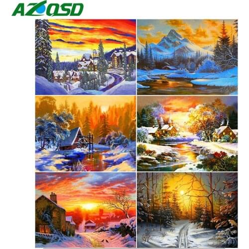AZQSD Diamond Painting Sunset Cross Stitch Kits Picture Of Rhinestones Needlework Diamond Embroidery Winter Landscape Home Decor