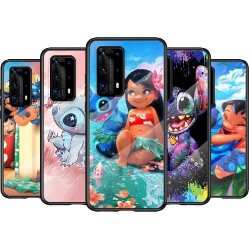 Tempered Glass Cover Cute Cartoon Stitch For Huawei P40 P30 P20 P10 Pro Plus Lite 5G 2019 Shockproof Phone Case