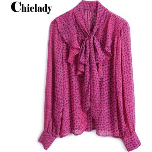 CHICLADY women elegant Houndstooth red bow collar full sleeve chiffon ruffles vintage French stylish work clothing fashion traf