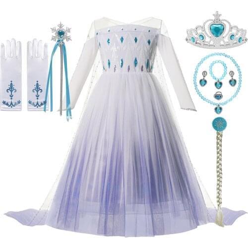 Elsa 2 Snow Queen Dress up for Girls With Princess Accessory Wig Costume Kid Halloween Cosplay Winter Ice Elsa White Party Dress