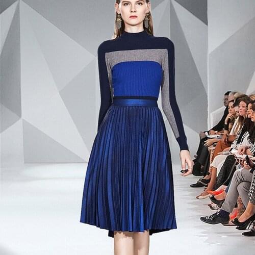 Europe 2 Pieces Set Vestido Winter Casual Slim Knit Top And Pleated Dress Elegant Runway Vintage Slim Party Dresses