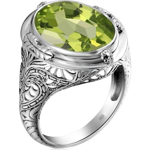 Szjinao Sterling Silver Rings Women Chunky Vintage Ring Punk Gemstone Big Stone Green Peridot Oval Shape Womens Jewelry Unique