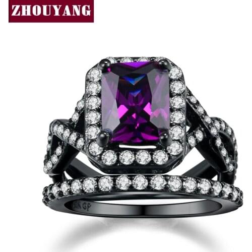 Luxurious Imitation Crystal Purple Crystal Fashion Ring Set Black Gold Color Party Jewelry For Women R480