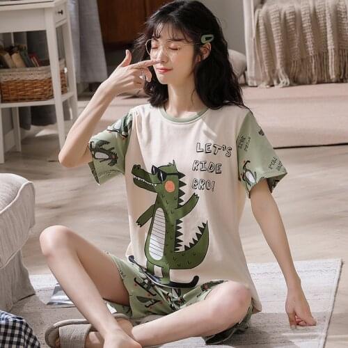 2 piece set summer women kawaii cartoon pajamas set cotton short sleeve green patchwork Sleepwear Casual loose shorts Nightwear