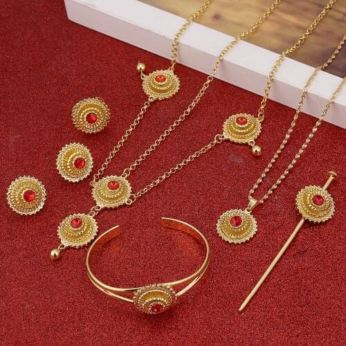 Red Blue Green Stone Ethiopian Jewelry Gold Color Wedding Jewelry Sets for African Ethiopia Eritrean