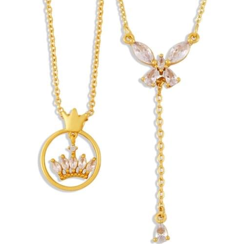 FLOLA Copper CZ Butterfly Crown Necklace Pendant Crystal Short Gold Chain Necklace Jewelry For Women nkew89