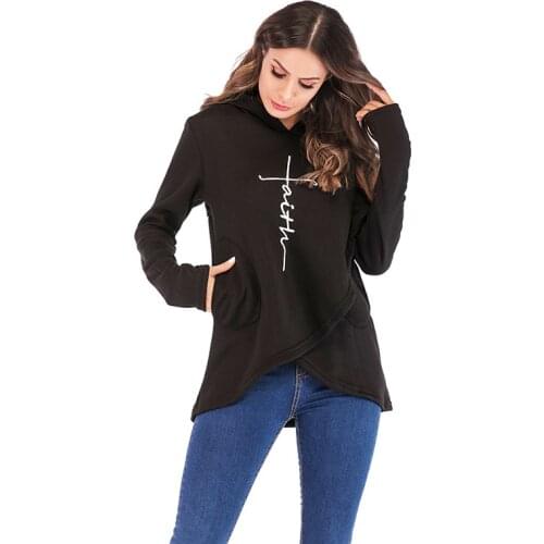 Hot Long Sleeve Fleece Sweatshirt Women Hoodies Winter Clothing Letters Print Irregular Hoodie Hooded Pullovers Black Clothing