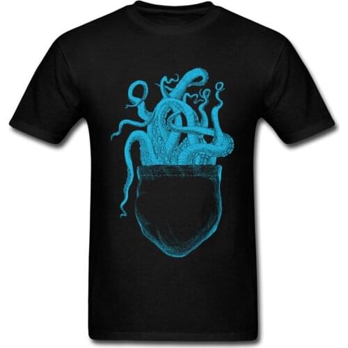 Octopus Pocket 2018 Fashion Black Blue T-shirt For Men 100% Cotton Short Sleeve Unfading T Shirt Cartoon Designer