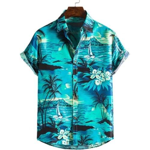 Summer Fashion Men Stripes/Tree Printed Short Sleeve Turn-down Collar Slim Hawaiian Shirt Beachwear for Travel Plus Size M-3XL