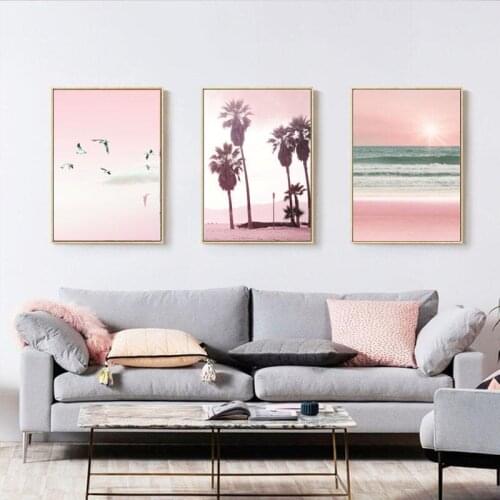 Pink Landscape Ocean Waves Seagull and Coco Nut Tree Poster Nordic Canvas Paintings Print Pop Wall Art Picture Office Home Decor