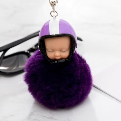 Fancy&Fantasy New Fluffy Rabbit Fur Pompom Motorcycle helmet Sleeping Baby Key Chain Women Fur Doll Keychain Car Keyring Toy
