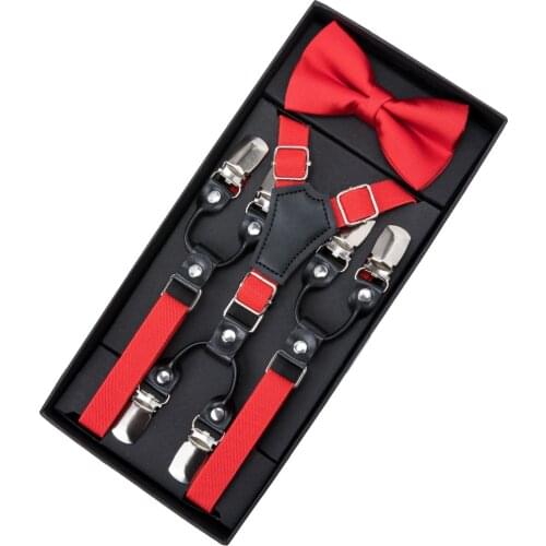 DiBanGu Child Red Solid Adjustable 6 Clips Suspenders Bowtie Set For Boys Children Kid Fashion Shirt Elastic Braces Belt Ties