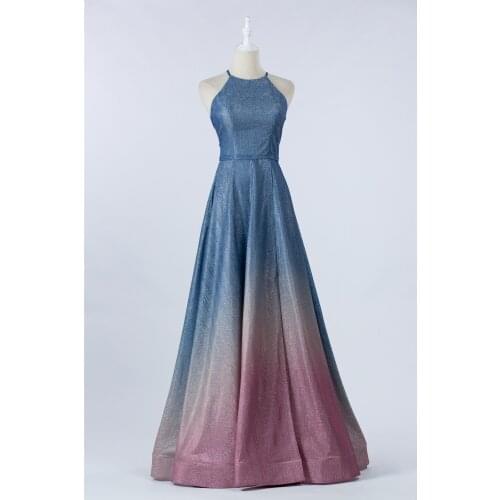 Evening Dress New Gradient Color teal 2021 small-neck A-line long Decorative bow luckgirls Customizable fashion-Mocini Tailor