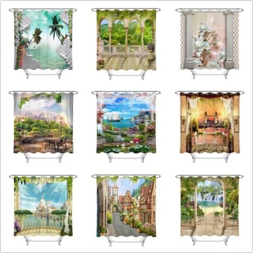 European Landscape and Architecture Shower Curtain Bathroom Screens Waterproof Eco-Friendly Polyester Fabric for Bathtub Decor