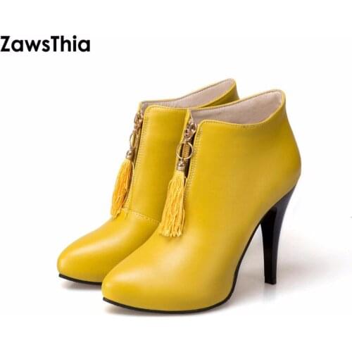 ZawsThia Women Ankle Boots Platform High Heels Fringe Boots Winter Pointed Toe Sexy Shoes 2020 Female Boot Big Size 46 Yellow