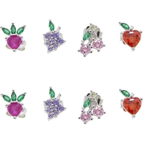 New Cute 925 Sterling Silver Small Fruit Grapes apple Cherries Stud Earring For child girl lady Fine Silver 925 Jewelry gift