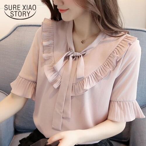 Womens tops and blouses 2021 chiffon blouse ladies tops white shirt blouse harajuku Bow Solid O-Neck Butterfly Sleeve 3046 50