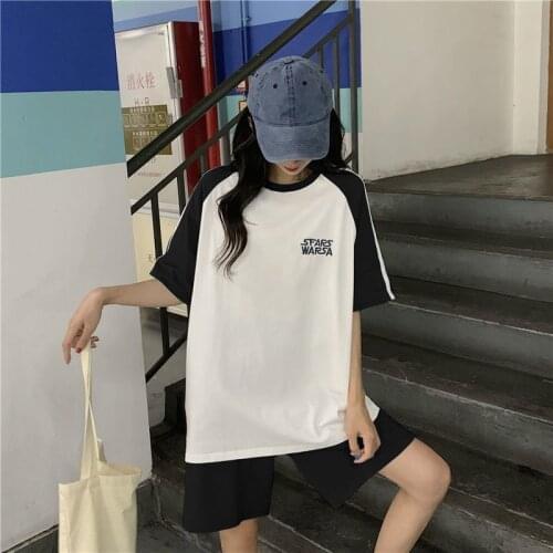 [Cotton] New Women Summer Sport Sets Short Sleeve O-Neck Letter Tops T-Shirt and Elastic High Waist Short Pants