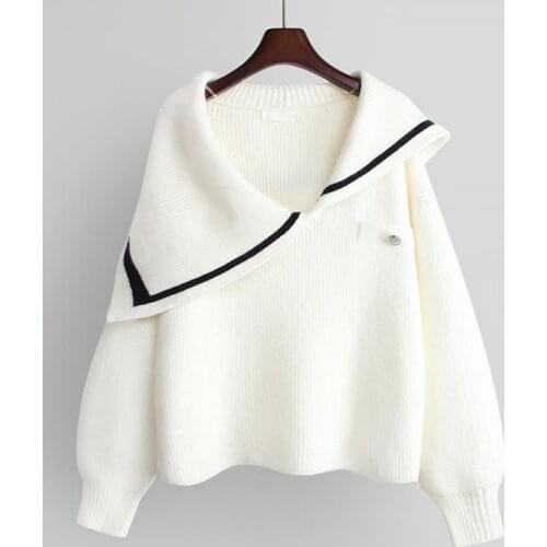 Autumn and winter new color matching loose outer wear lapel long-sleeved pullover sweater knitted top women fashion casual