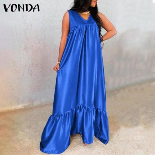 Women Summer Dress 2021 VONDA Sexy V Neck Party Long Maxi Dress Beach Holiday Sundress Party Tank Vestidos Oversized Robe Femme