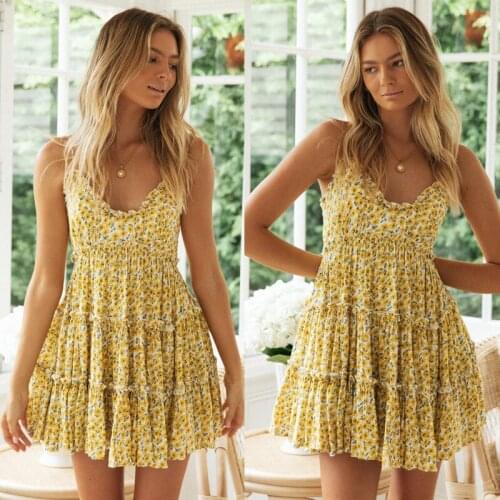 Summer Womens Sexy Dress Floral Print Halter Sleeveless V-neck Dress Beach Vacation Casual Retro Mini Dress