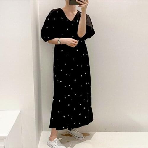 Vintage Puff Sleeve Summer Dress Women Elegant Embroidery Floral V-neck Long Dress Plus Size Loose Party Dresses Vestidos 13845