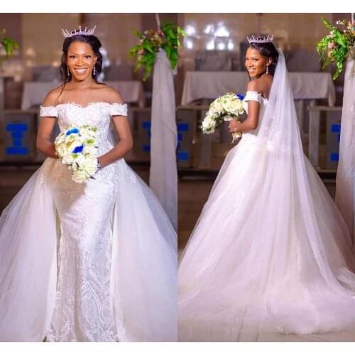 Mermaid Wedding Dresses 2021 Lace Plus Size Overskrit Bridal Gowns Appliqued Off The Shoulder Corset Up Back Detachable Train Ma