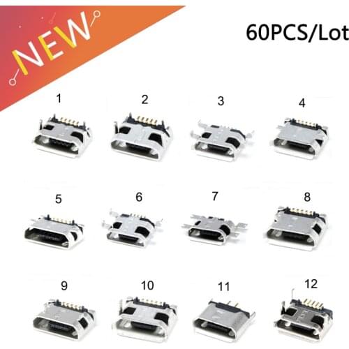 60pcs/lot 5 Pin SMT Socket Connector Micro USB Type B Female Placement 12 Models SMD DIP Socket Connector