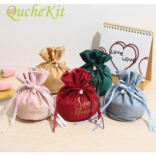 5Pcs Velvet Gift Bag Candy Bag Drawstring Gift Bags With Pearl Wedding Decoration Birthday Jewelry Organizer Cookies Candy Pouch
