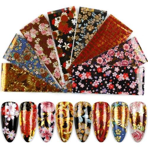 8pc/lot Nail Foil For Manicure UV Gel Polish Sticker 4*20cm Colorful Flowers Design Adhesive Decal Nail Art Decoration Wraps