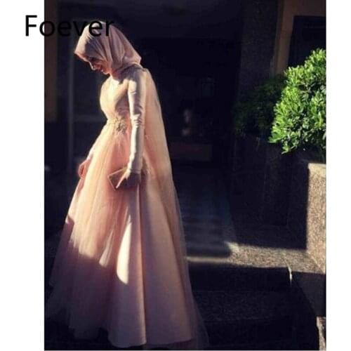 A Line Tulle Satin Pink Hijab Scarf Long Sleeves Muslim Bridesmaid Dresses Robe de Soiree Abiye gece Elbisesi 2019
