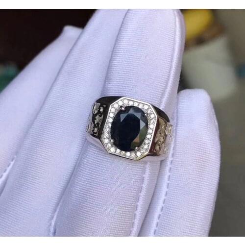 Free shipping Natural and Real Sapphire Man Ring 925 sterling silver Wholesales Fine jewelry Natural Sapphire Man Ring 8*10mm