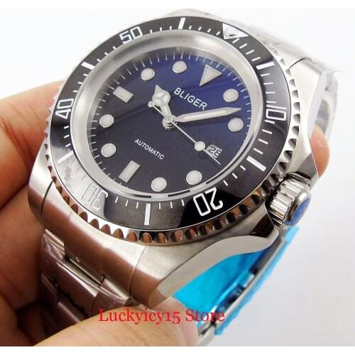 BLIGER 44mm Black Dial Date Window Ceramic Bezel Men Watch Wristwatch Mental Bracelet Luminous Marks