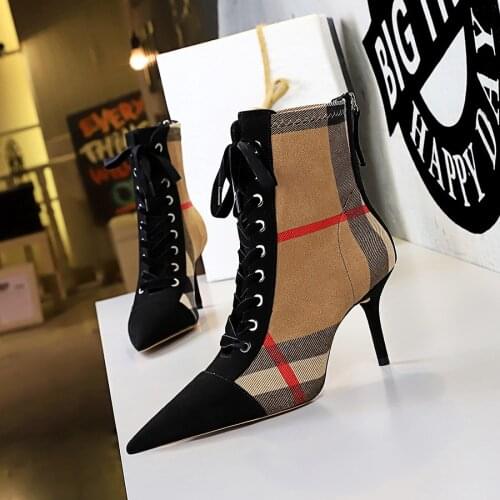 Korean Fashion Slim Heel High Heel Pointed Plaid Plaid Lace up Fashion Cross Strapping Boots Sexy Nightclub Lace-up Ankle Boots