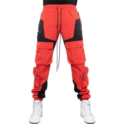 Mens new multi-pocket tooling pants trousers woven stitching and color matching beam mouth sports pants casual pants