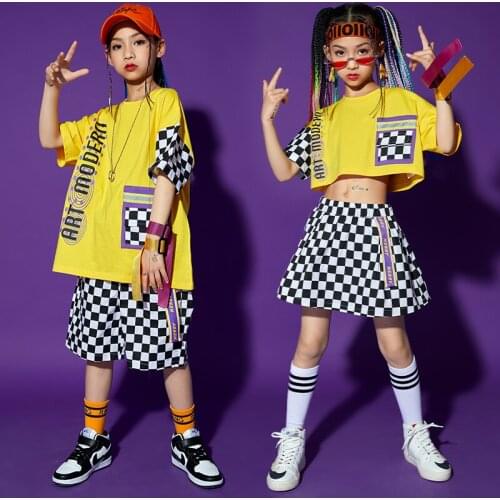Children Cheerlead Jazz Costume Hip Hop Dance Costume Plaid Suit Loose T-Shirt Casual Clothing For Girls Boys Rave Outfit BL6157