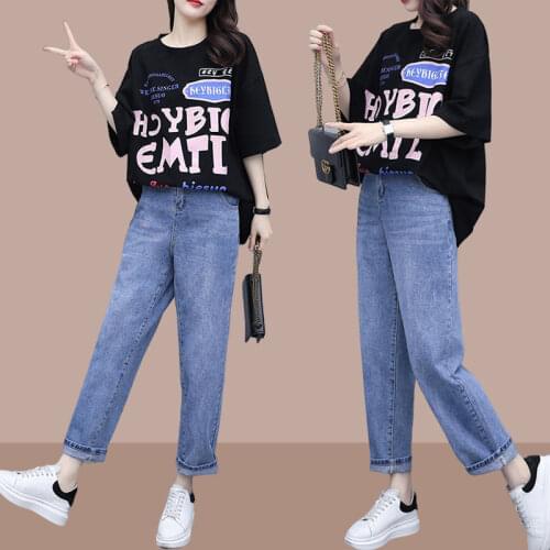 Single Piece/Set Cotton Female 2021 New Summer Plus Size Loose T-Shirt Ladies Slim Suit Western Style Jeans Two-Piece Women A350