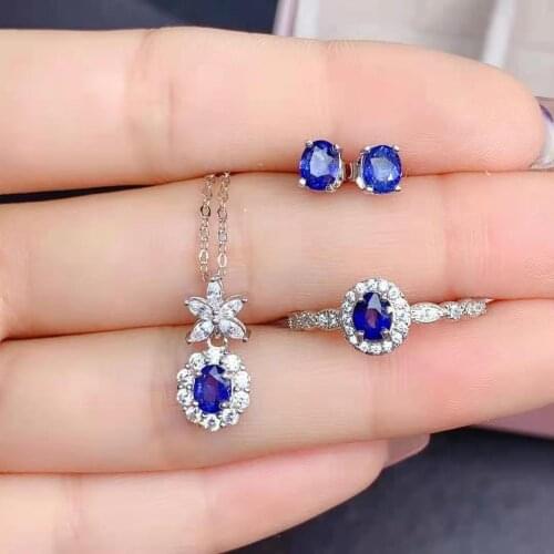Natural Sapphire S925 Sterling Silver Earring Ring Pendant Necklace Set for Anniversary Gift Fine Jewelry for Women MeibaPJ FS